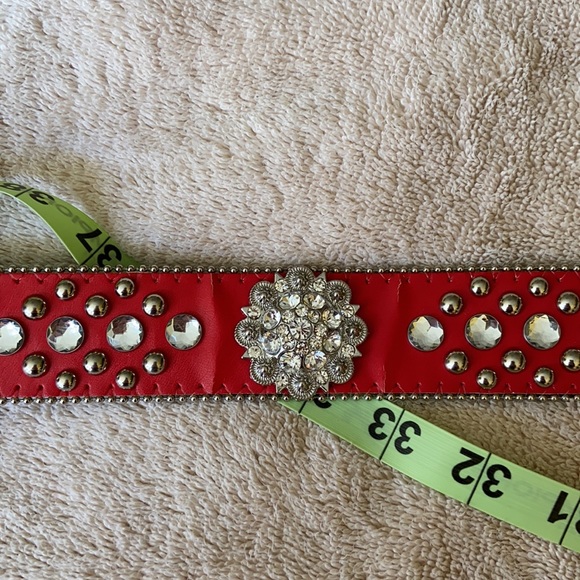 Red Leather & Crystal Cow Girl Belt - Picture 6 of 13